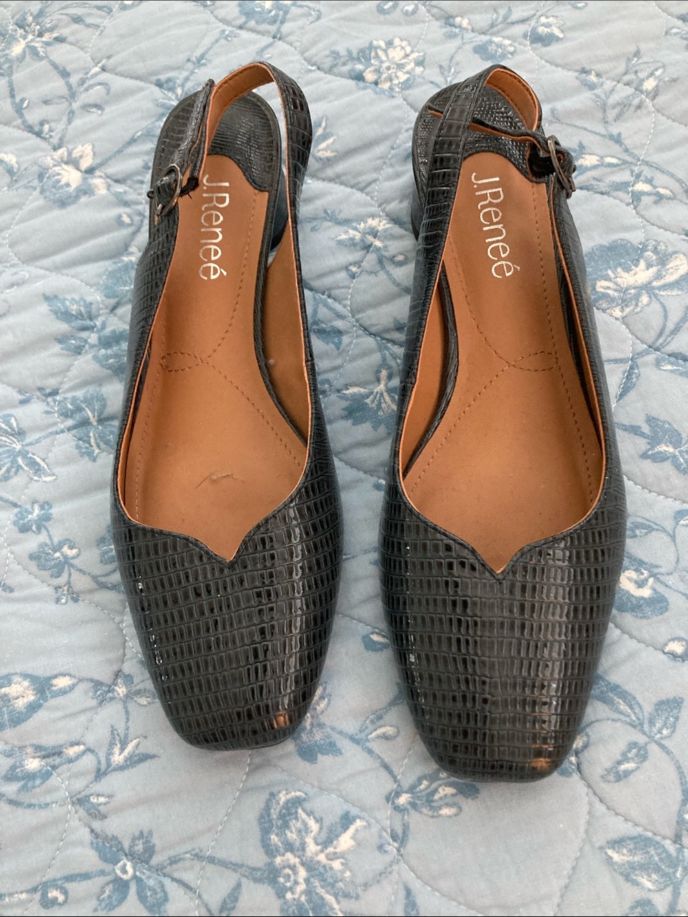 J.Reneé Black Croc-Embossed Slingback Flats
